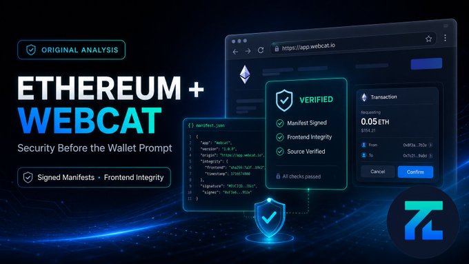 A digital advertisement for Ethereum + WebCat, highlighting 'Security Before the Wallet Prompt' with features like 'Signed Manifests' and 'Frontend Integrity,' alongside an interface showing verified manifest details and a transaction of 0.05 ETH.