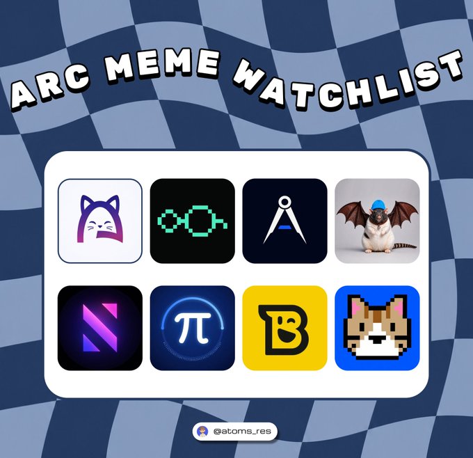 The image displays an "ARC MEME WATCHLIST" header with eight memecoin icons arranged in two rows of four, including a cat, pixel sunglasses, compass, bat, purple "A" logo, pi symbol, yellow "B", and pixel cat. The post caption, partially visible, lists memecoins like $ARCAT (featuring the cat icon) and $MINARA, with the remaining text cut off mid-sentence. The layout suggests a curated tracker of trending Arc ecosystem meme tokens, with the pictured icons representing the project logos.