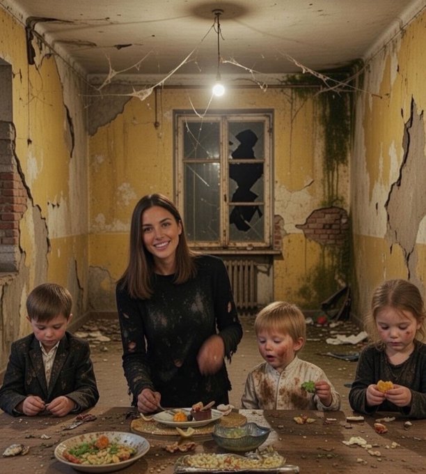 An AI-generated image depicting a smiling woman with three young children at a dining table in a dilapidated, decaying room with peeling yellow walls and a broken window.