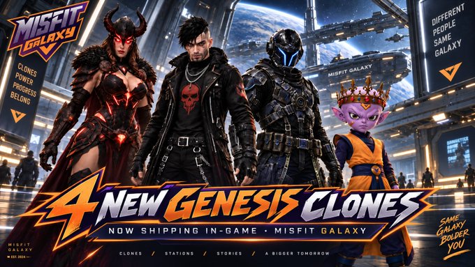 Promotional artwork for "Misfit Galaxy" showcasing four new Genesis clones with text "4 NEW GENESIS CLONES - NOW SHIPPING IN-GAME" against a sci-fi space station backdrop.