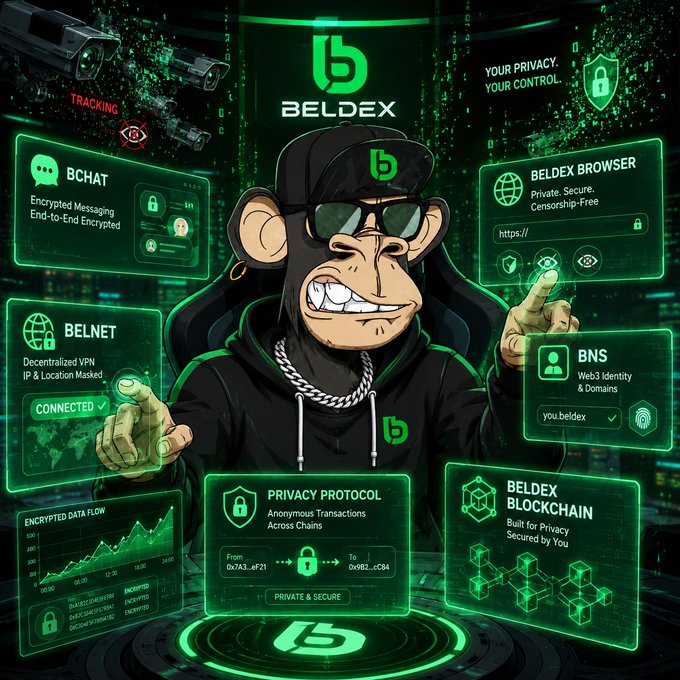 A promotional graphic for 'BELDEX' features a cartoon monkey character in the center, surrounded by icons detailing its products like 'BCHAT' (Encrypted Messaging), 'BELNET' (Decentralized VPN), 'BELDEX BROWSER', 'BNS' (Web3 Identity), and the 'BELDEX BLOCKCHAIN', all under the tagline 'YOUR PRIVACY. YOUR CONTROL.'