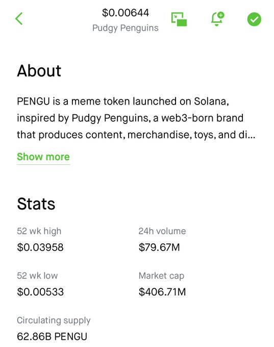 Robinhood app screen displaying Pudgy Penguins (PENGU) meme token on Solana, priced at $0.00644 with $406.71M market cap, $79.67M 24h volume, and 62.86B PENGU circulating supply.
