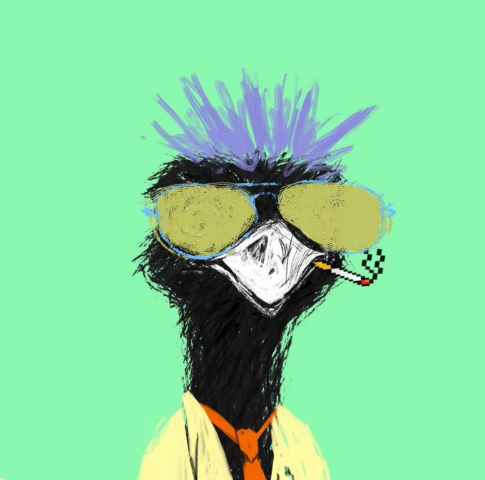 A stylized illustration of a bird with a purple mohawk, yellow aviator sunglasses, and a smoking cigarette, dressed in a yellow shirt and orange tie, represents the cool, edgy persona often featured in Farmer Union XRPL NFT collections. The artwork's vibrant, street-art aesthetic aligns with the "clean art" referenced in the post celebrating a new NFT acquisition.