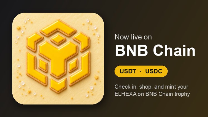 A promotional graphic for BNB Chain featuring a yellow 3D logo on a sandy background with text: 'Now live on BNB Chain', 'USDT · USDC', and 'Check in, shop, and mint your ELHEXA on BNB Chain trophy'.