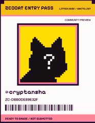 A digital 'BEDOAT ENTRY PASS' with the handle @cryptarsha, featuring a black silhouette of a cat with a question mark and a barcode on a pink background.