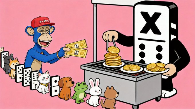 The image depicts a cartoon monkey wearing a red "BAYC" (Bored Ape Yacht Club) hat, trading BAYC tickets for coins being flipped from an X/Twitter-branded grill, while a line of cute NFT mascot animals (cats, dogs, frogs, rabbits, bears) wait their turn.

This satirizes the post's critique of cheap, one-time user acquisition tactics—showing the monkey casually treating genuine NFT community building and "referral" culture as a quick-exchange grill, implying that real organic engagement is being devalued into a transactional, per-head reward system.