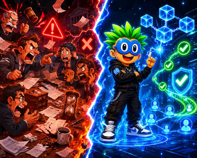 The image depicts a cartoon boy wearing a blue mask with green hair standing next to a group of people who are also wearing masks. The boy has a serious expression, while the other characters appear to be angry or upset. The scene takes place on a table filled with various objects such as books and papers, suggesting that they might be involved in an intellectual discussion or debate. The cartoon boy is holding a cup, which could symbolize a drink during their gathering.