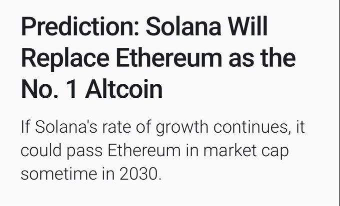 The image shows a white background with black text that reads "Prediction: Solana Will Replace Etherium as the No. 1 Altcoin". The text also includes some statistics about the potential growth of altcoins, stating that if Solana's rate of growth continues, it could pass Etherium in market cap within the next century.