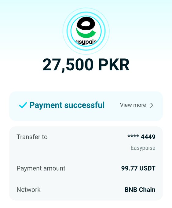 Easypaisa payment confirmation screen showing a successful transaction of 27,500 PKR (99.77 USDT) transferred to account ending in 4449 via BNB Chain network.