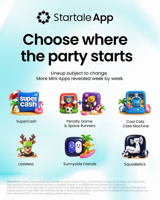 A promotional graphic for 'Startale App' featuring the headline 'Choose where the party starts' and showcasing six mini app icons: SuperCash, Penalty Game & Space Runners, Cool Cats Claw Machine, LasMeta, Sunnyside Friends, and Squadetics.