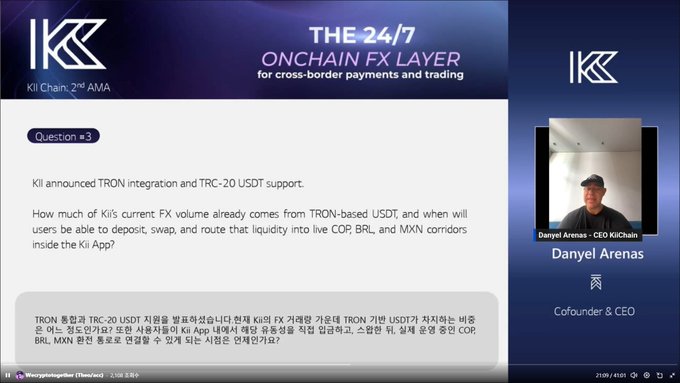 A screenshot of a Kil Chain AMA session featuring Danyel Arenas, CEO and Cofounder, answering Question #3 about TRON integration and TRC-20 USDT support.