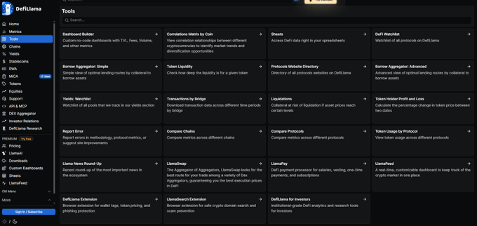 A screenshot of DefiLlama's "Tools" menu displaying a comprehensive grid of lesser-known features including Dashboard Builder, Borrows Aggregator, Yields Watchlist, LlamaSearch, DeFiLama for Investors, and various comparison and liquidation trackers. The interface directly illustrates the post's claim about DefiLlama's hidden features being tucked away in underutilized tabs.