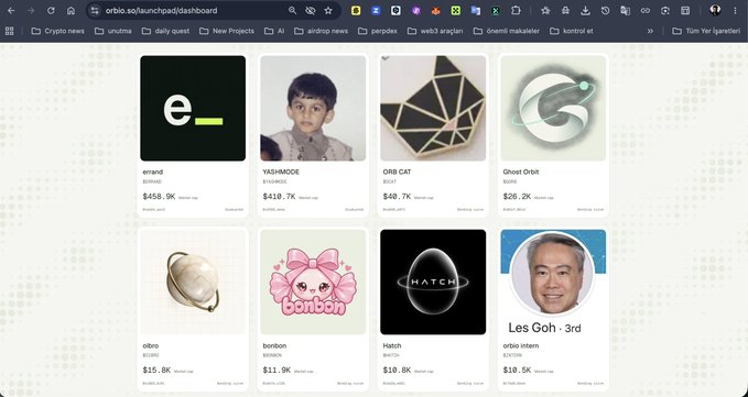 An NFT marketplace dashboard on orb.io/launchpad showing various digital collectibles including 'errand', 'YASHMODE', 'ORB CAT', 'Ghost Orbit', 'obino', 'bonbon', 'Hatch', and 'Les Goh - 3rd' with their prices.