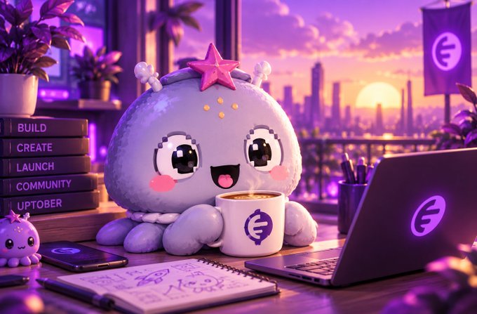 A cheerful purple squid mascot with a pink star on its head sips from a branded coffee mug while working at a desk with a laptop, surrounded by books labeled "BUILD," "CREATE," "LAUNCH," "COMMUNITY," and "UPTOBER"—all set against a neon cityscape sunset. The whimsical "Squink On" vibe shines through in the cozy, productive scene featuring a smaller matching plush character nearby.