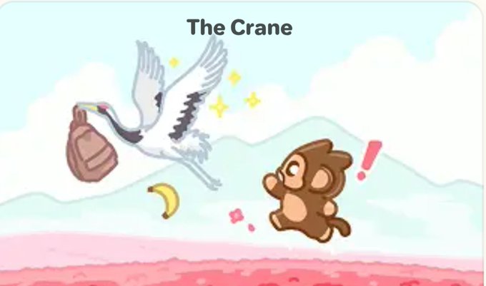 A cartoon illustration titled 'The Crane' shows a flying white crane carrying a bag while a surprised brown bear-like character watches below as a banana falls.