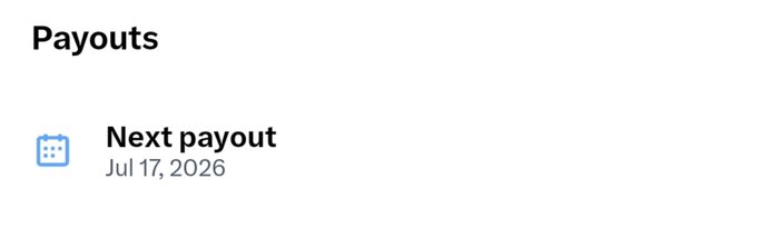 A simple payout notification screen showing 'Payouts' and 'Next payout Jul 17, 2026'.