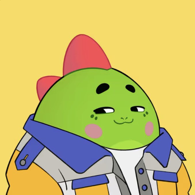 A cartoon illustration of a green round character with a red mohawk, blushing cheeks, and a smug expression, wearing a blue and white jacket against a yellow background.