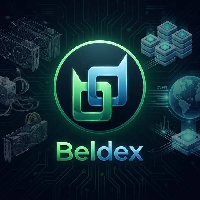 A promotional image for "Beldex" cryptocurrency featuring a green and blue logo surrounded by circuit board patterns, GPUs, and server graphics.