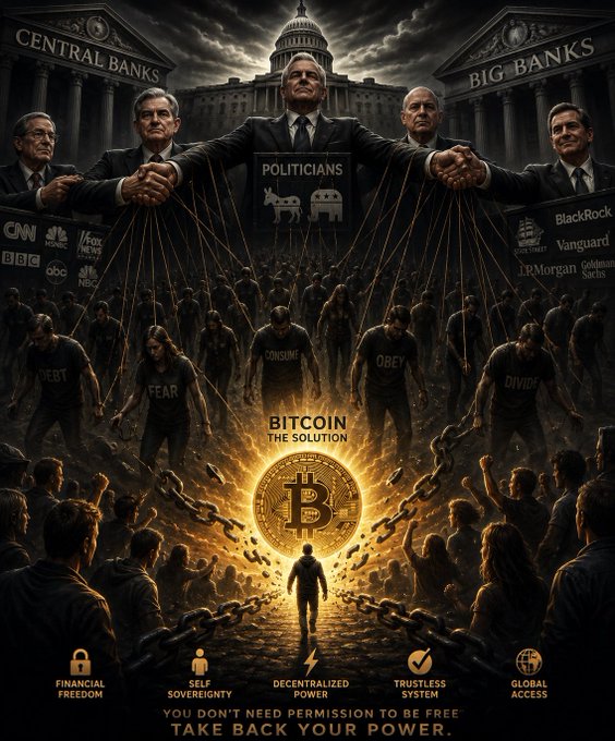 A dramatic illustration depicts central bankers, politicians, and corporate entities (including CNN, BBC, NBC, BlackRock, JPMorgan, and Goldman Sachs) manipulating puppet-like citizens labeled "FEAR," "CONSUME," and "OBEY," while a glowing Bitcoin coin labeled "BITCOIN THE SOLUTION" breaks free from chains at the bottom, with text reading "FINANCIAL FREEDOM, SELF SOVEREIGNTY, DECENTRALIZED POWER, TRUSTLESS SYSTEM, GLOBAL ACCESS" and "YOU DON'T NEED PERMISSION TO BE FREE TAKE BACK YOUR POWER."