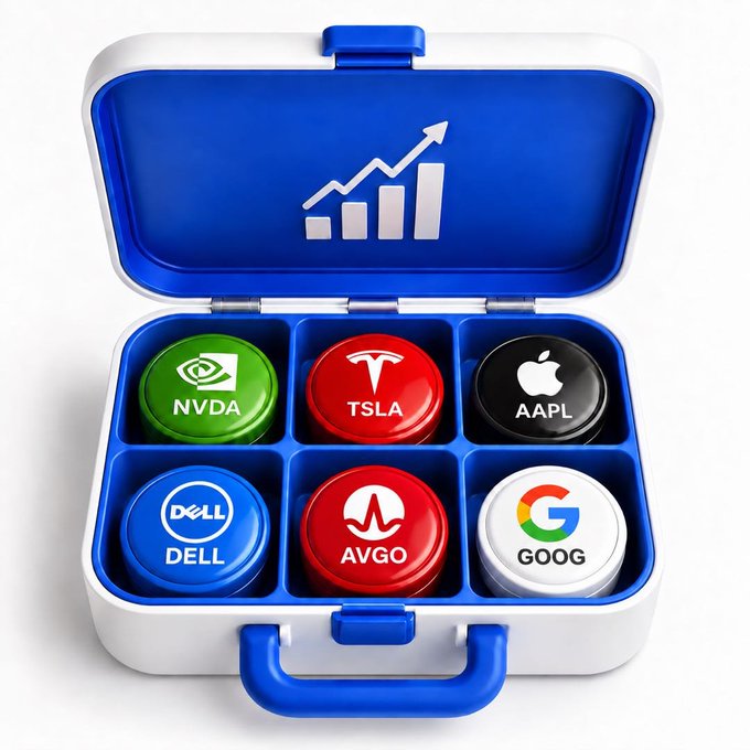 An open blue carrying case contains six circular tokens labeled with stock tickers NVDA, TSLA, AAPL, DELL, AVGO, and GOOG, with a growth chart graphic on the lid.