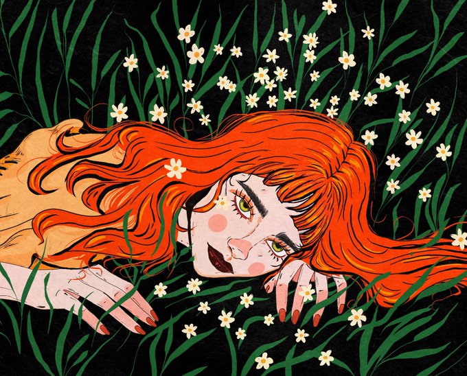 The illustration shows a red-haired girl with green eyes lying among white flowers and tall green grass, titled "Glance" and sold as a 4 XTZ edition to collector @jayray7_eth. The post celebrates the final sale of this art piece, marking the completion of its limited edition run.