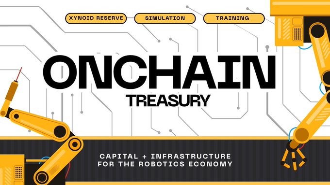 A promotional banner for 'ONCHAIN TREASURY' featuring yellow robotic arms, with labels for 'XYNOID RESERVE,' 'SIMULATION,' and 'TRAINING,' and the tagline 'CAPITAL + INFRASTRUCTURE FOR THE ROBOTICS ECONOMY.'