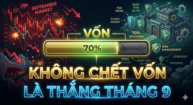 A graphic with Vietnamese text 'KHÔNG CHẾT VỐN LÀ THẮNG THẮNG 9' (Not losing capital is winning 9) featuring a 70% progress bar labeled 'VỐN', surrounded by imagery of bear markets, survival plans, risk management, and market volatility illustrations.