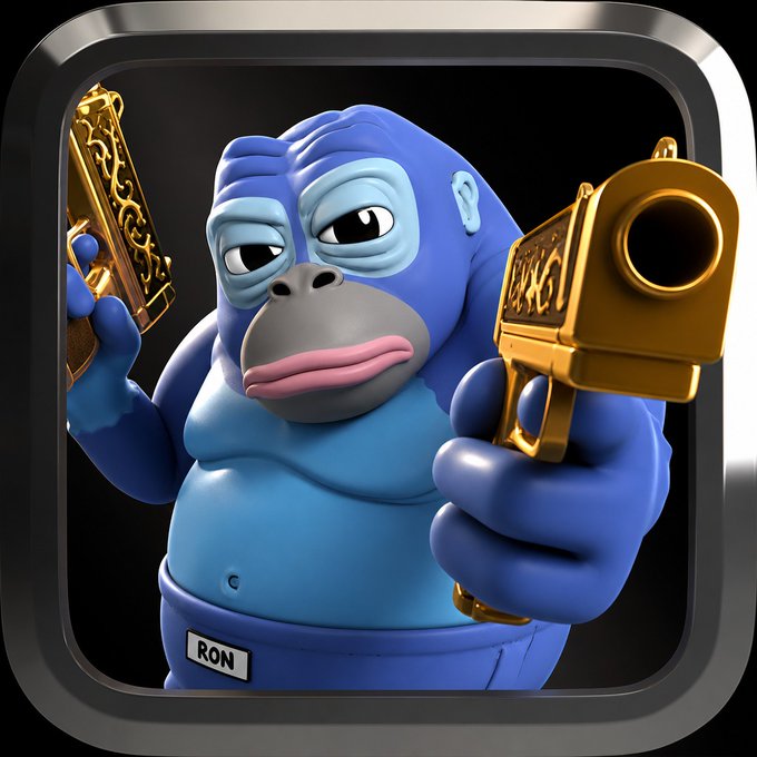 A 3D-rendered blue gorilla wearing pants labeled "RON" holds two ornate golden handguns, playing on the "Pamp it!" caption by weaponizing the slang with blinged-out firearms.