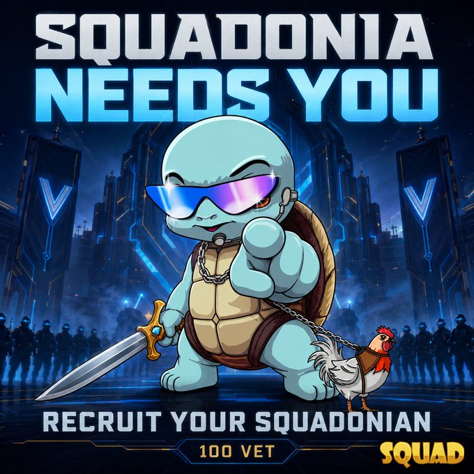 A promotional image for a NFT/Web3 game featuring a cartoon turtle wearing sunglasses and holding a sword, with the text 'SQUADONIA NEEDS YOU' and 'RECRUIT YOUR SQUADONIAN' at a cost of '100 VET'.