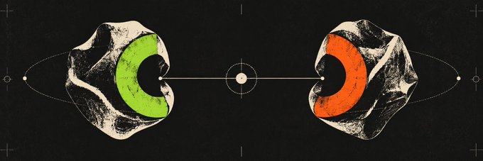 Artistic graphic showing two asteroids or rocks facing each other - the left one containing a green Pac-Man-like shape and the right one containing an orange one, connected by a target/aim line on a black background.