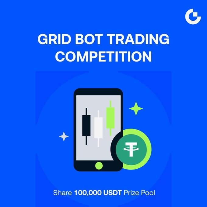 The image features an advertisement for a grid bot trading competition with a blue background. At the center, there's a phone that displays a price chart showing Bitcoin transactions. The text accompanying the phone is in white and reads "Grid Bot Trading Competition". Below this, there's an instruction to "Share 100,000 USDT Prize Pool". The prize pool consists of various assets including Bitcoin, U.S. stocks, gold, and other trending assets. The main focus of the advertisement is how users can gain access to the prize pool by trading with their grid bot.