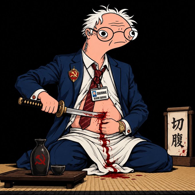 A stylized illustration depicts a suited man with a crumpled ID badge reading 'SBURNIE' performing seppuku with a katana, surrounded by a Soviet-themed bottle and a sign with Japanese characters (切腹).