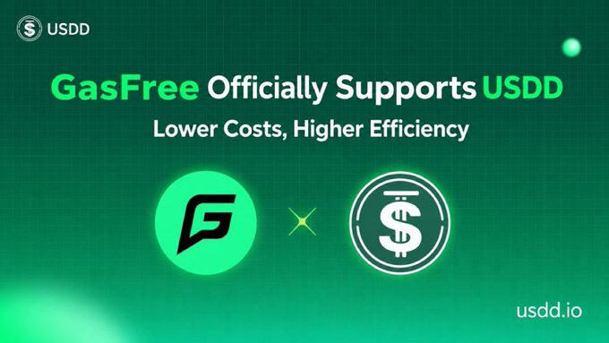 Announcement graphic stating 'GasFree Officially Supports USDD - Lower Costs, Higher Efficiency' with GasFree and USDD logos on a green grid background.