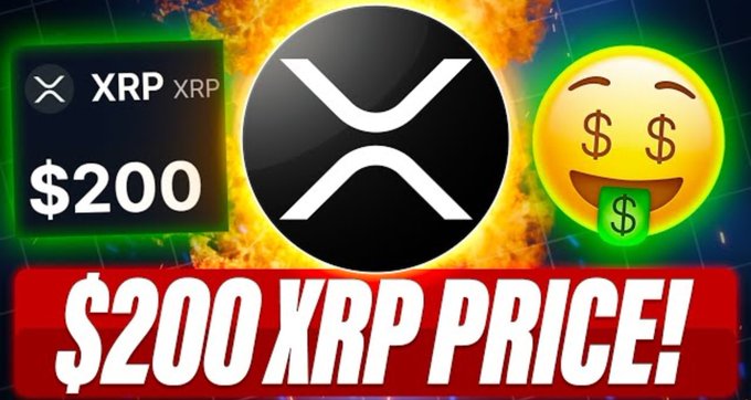The image is a sensationalist thumbnail featuring the XRP logo alongside a price tag of "$200" and a money-mouth emoji, with bold red text at the bottom declaring "$200 XRP PRICE!"—likely promoting a speculative or clickbait prediction tied to Evernorth's upcoming Nasdaq listing under $XRPN and its 473 million XRP holdings, though the $200 price claim is not supported in the accompanying post.