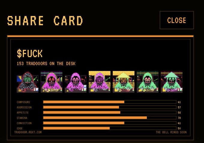 Share card interface for "$FUCK" displaying 153 tradooors with average traits including composure (61), aggression (57), appetite (50), stamina (78), conviction (61), and edge (50).