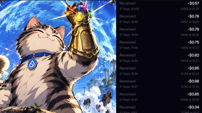 A digital illustration features a smiling cat with a blue collar wielding a glowing Infinity Gauntlet against a cosmic blue backdrop, displayed alongside a list of cryptocurrency transaction 'Received' notifications with dollar amounts on September 27th.