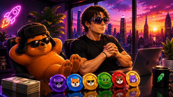 A young man wearing sunglasses sits at a desk with a laptop, stacks of cash, and cryptocurrency tokens featuring various animal logos (Shiba Inu, Shiba, Doge, etc.), alongside a bear plushie wearing sunglasses. The image promotes a "$SOL GIVEAWAY" with 2 winners, visually emphasizing crypto wealth through the tokens, cash, and luxurious skyline backdrop.