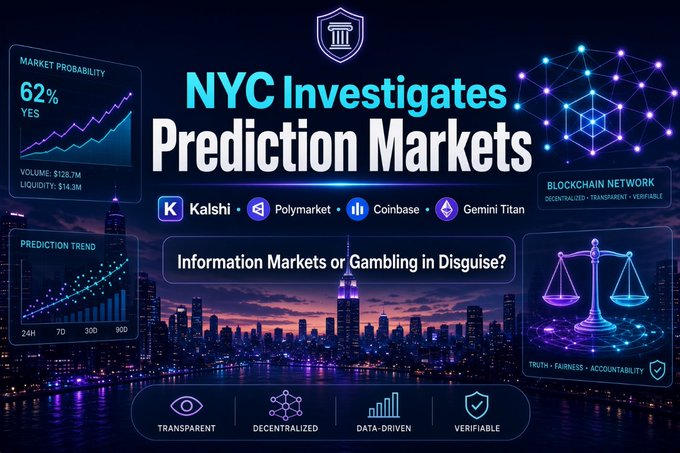 A digital infographic titled 'NYC Investigates Prediction Markets' with the subtitle 'Information Markets or Gambling in Disguise?', featuring logos for Kalshi, Polymarket, Coinbase, and Gemini Titan against a New York City skyline background.