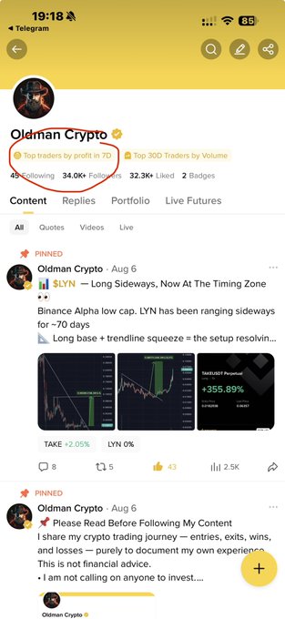 A Telegram profile screenshot shows "Oldman Crypto" pinned, highlighting two badges: "Top traders by profit in 7D" and "Top 30D Traders by Volume," with 34.0K followers, 32.3K likes, and a pinned post about $LYN showing a +355.89% TAKE/USDT result. The caption emphasizes that the on-screen profit statistics and trade results visually validate the user's claim that "this picture never lies."