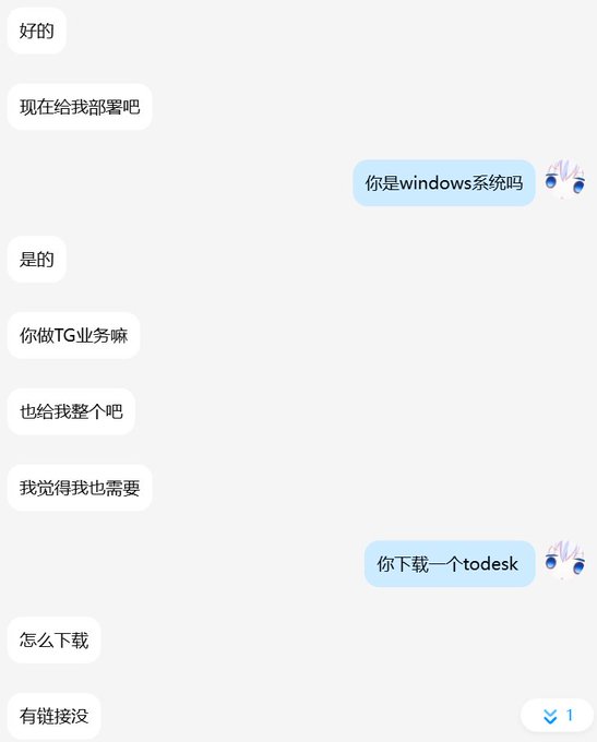 A Chinese chat conversation screenshot where users discuss system deployment, asking if the other party uses Windows, requesting TG deployment, and asking for a ToDesk download link.