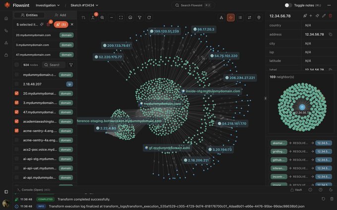 A screenshot of the Flowsint Investigation platform displaying a network graph visualization mapping domain connections to mydomain.com, with a list of subdomains on the left and IP address resolution details on the right.