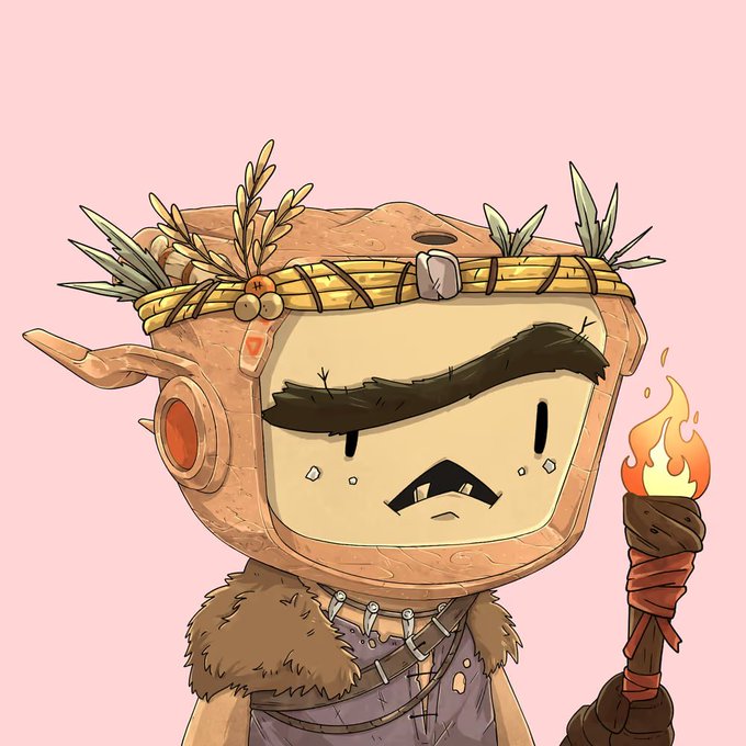 A cartoon illustration of a character with a box-shaped head, leafy crown, and single large eyebrow, holding a flaming torch against a pink background.