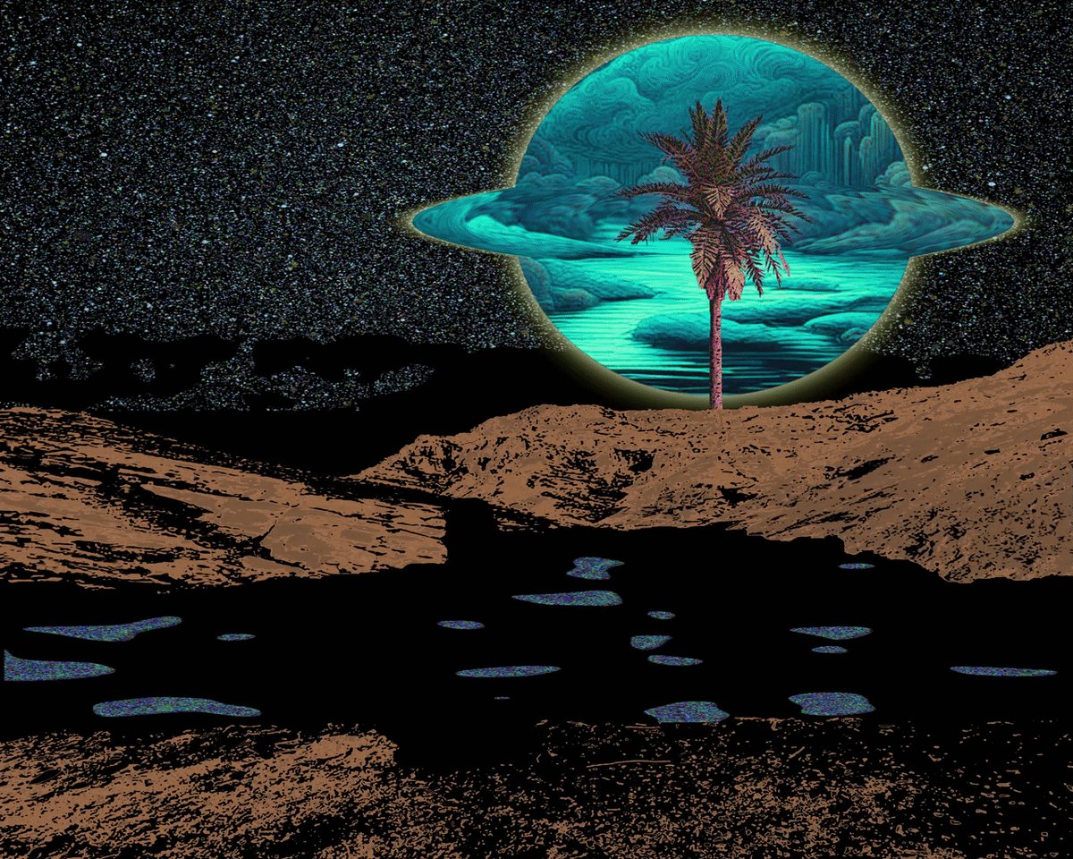 "Good morning family New day, new energy Happy #TEZOSTUESDAY @objktcom 4/7 ed 7.77 XTZ". The image features a tropical island with palm trees and a large blue planet in the center of the frame. The caption above the image reads "The Last Cosmic Palm", which is likely a reference to the palm tree depicted in the scene, possibly indicating that it's a post about the tropical island or the planet.