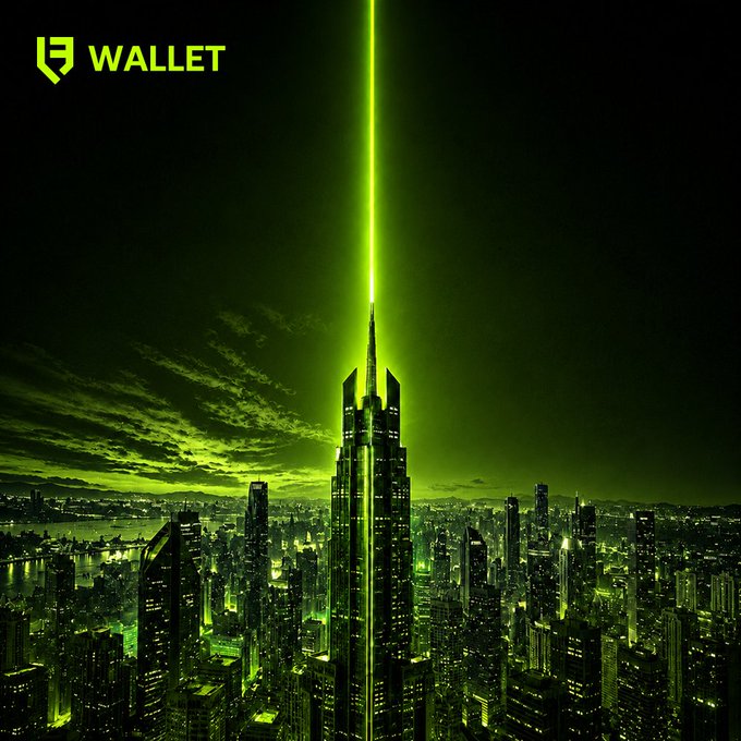 A futuristic green-lit cityscape with a laser beam shooting up from a central skyscraper, featuring the 'WALLET' logo in the top left corner.