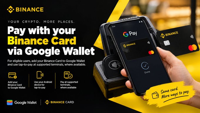 The image is a Binance promotional graphic featuring a hand using a smartphone with Google Pay to tap-to-pay with a Binance Card, alongside the headline "Pay with your Binance Card via Google Wallet." It visually reinforces the post's message about Binance Card users being able to add their card to Google Wallet for convenient contactless payments at supported terminals.