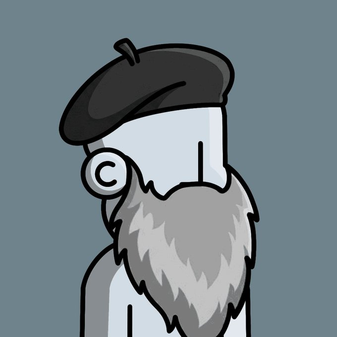 A minimalist illustration of a bearded man wearing a black beret with a copyright 'C' symbol, set against a solid blue-gray background.
