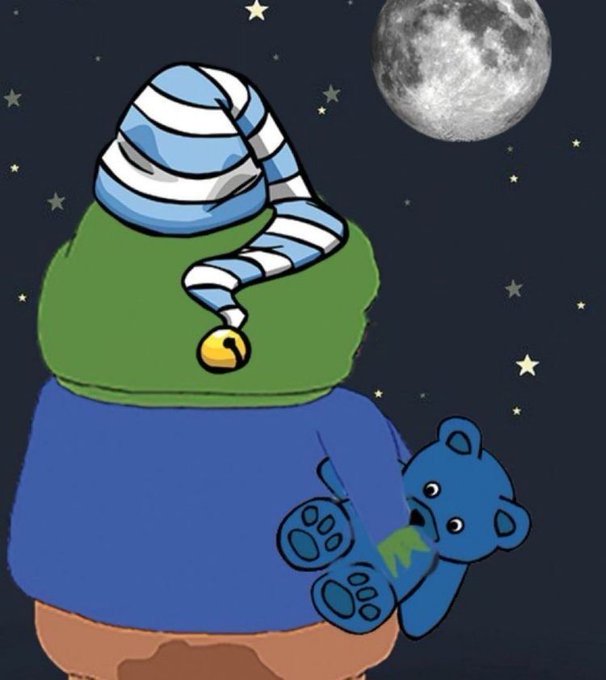 A digital drawing of a character wearing a green top, blue pants, and a blue-and-white striped sleeping cap, holding a small blue bear under a night sky with a full moon.