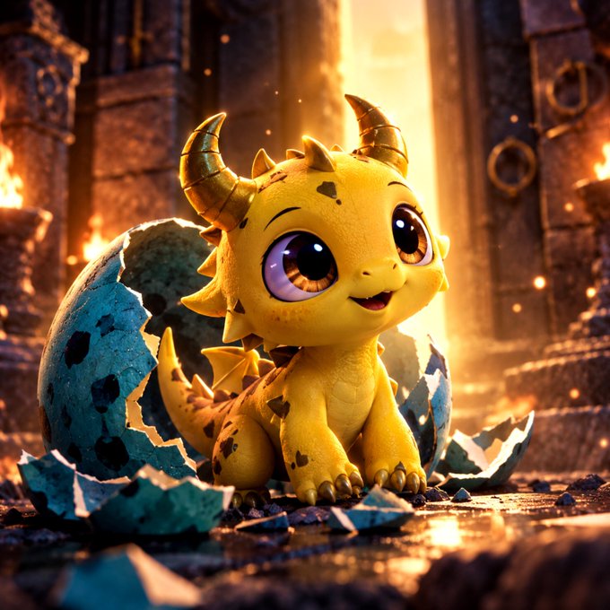 A cute, stylized 3D illustration of a yellow baby dragon hatching from a blue speckled egg in a warmly lit, ancient stone setting.