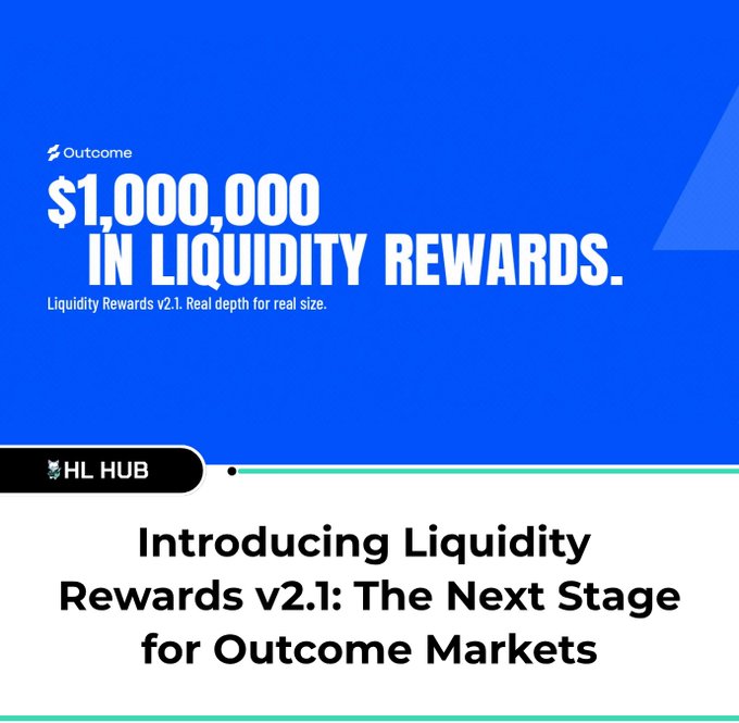 A promotional graphic for HL HUB's Outcome platform advertising '$1,000,000 IN LIQUIDITY REWARDS' and 'Liquidity Rewards V2.1'.