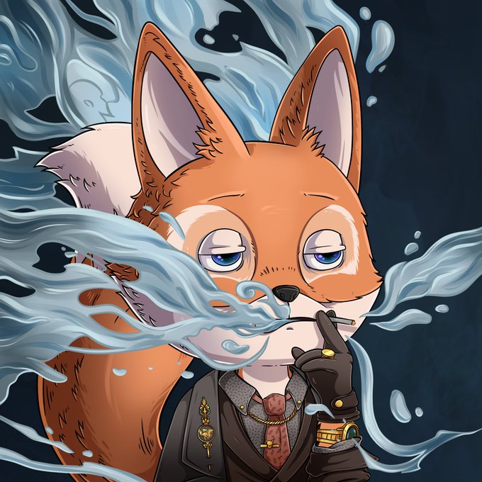 An anime-style illustration depicts an anthropomorphic fox character wearing a suit and tie, smoking a cigarette with smoke swirling dramatically around its face.